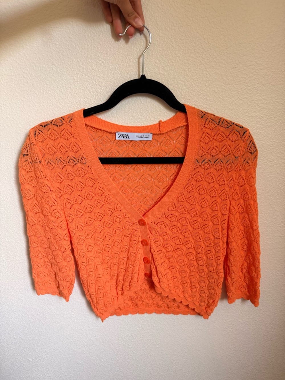 Zara Orange Crochet Knit Cropped Cardigan
